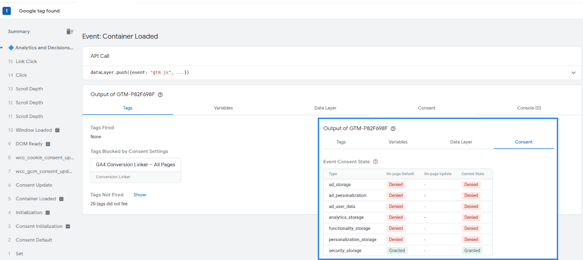 Consent Mode v2 denied state and signal availability | keijomammi Consent Mode v2 denied state in Tag Assistant, where analytics and advertising signals are not available.
