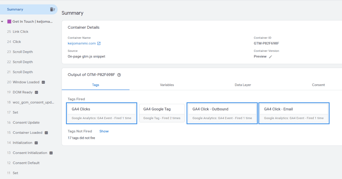 Google Tag Manager signaalin hallinta: yksi sähköpostiklikki muodostaa GTM Previewssa kolme rinnakkaista signaalia.